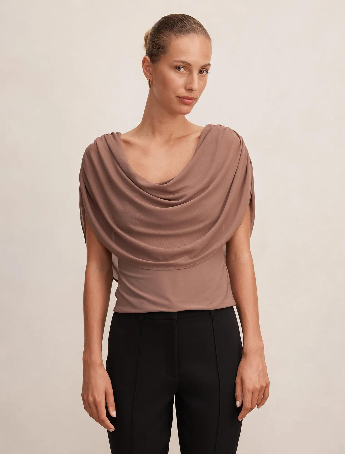 Olivia Draped Mesh Cape Top Portobello