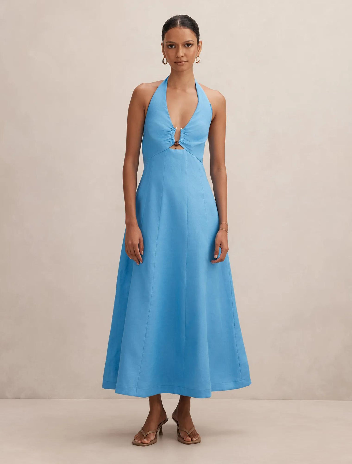 Angie Petite Halter Linen Midi Blue Lemonade