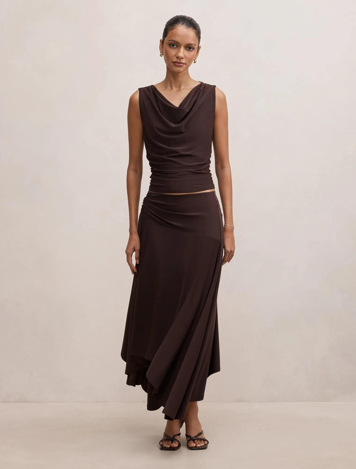 Ada Petite Drape Cowl Back Top Dark Chocolate Co-ord