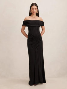 Ania Ruched Bardot Maxi Dress Black