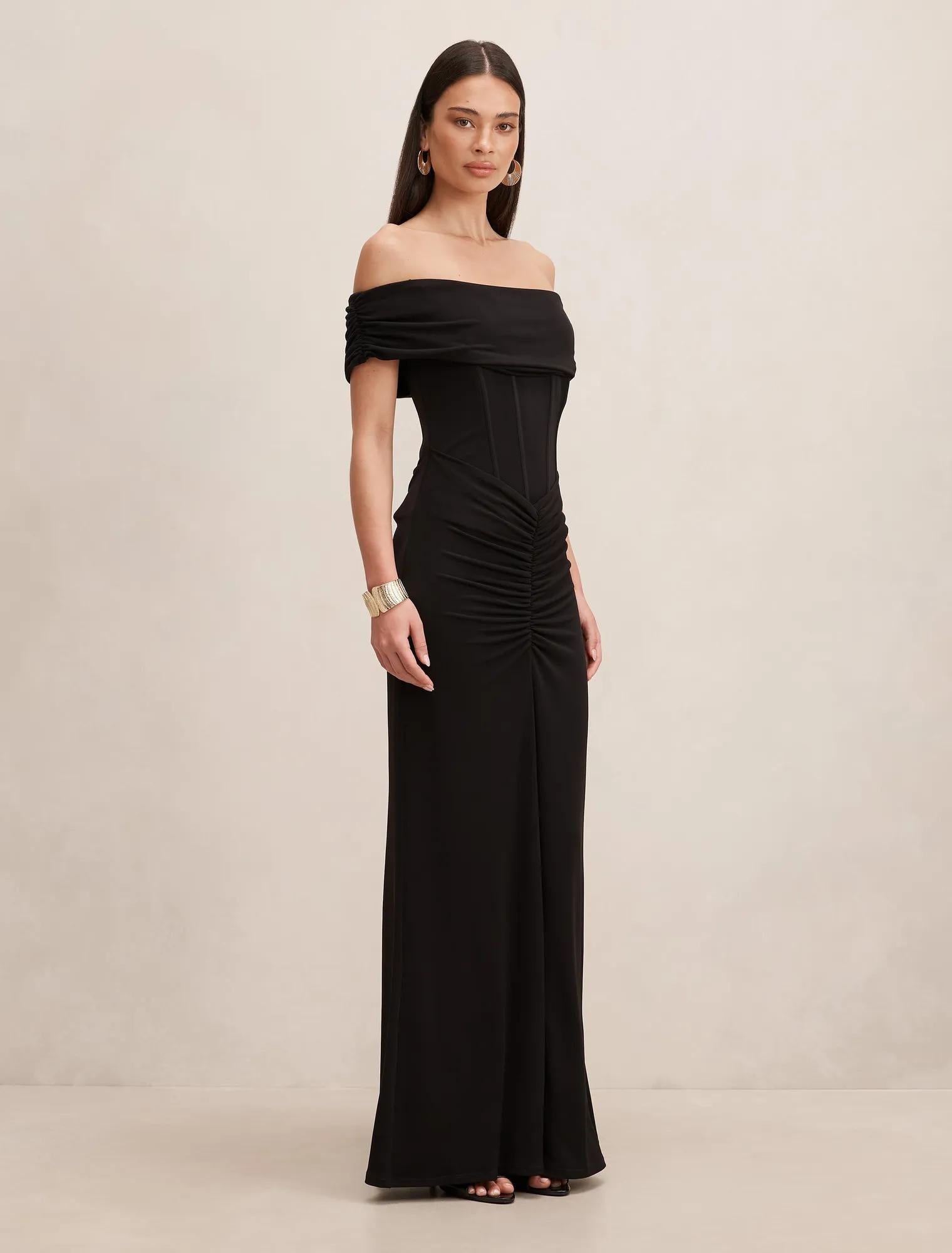Ania Ruched Bardot Maxi Dress Black