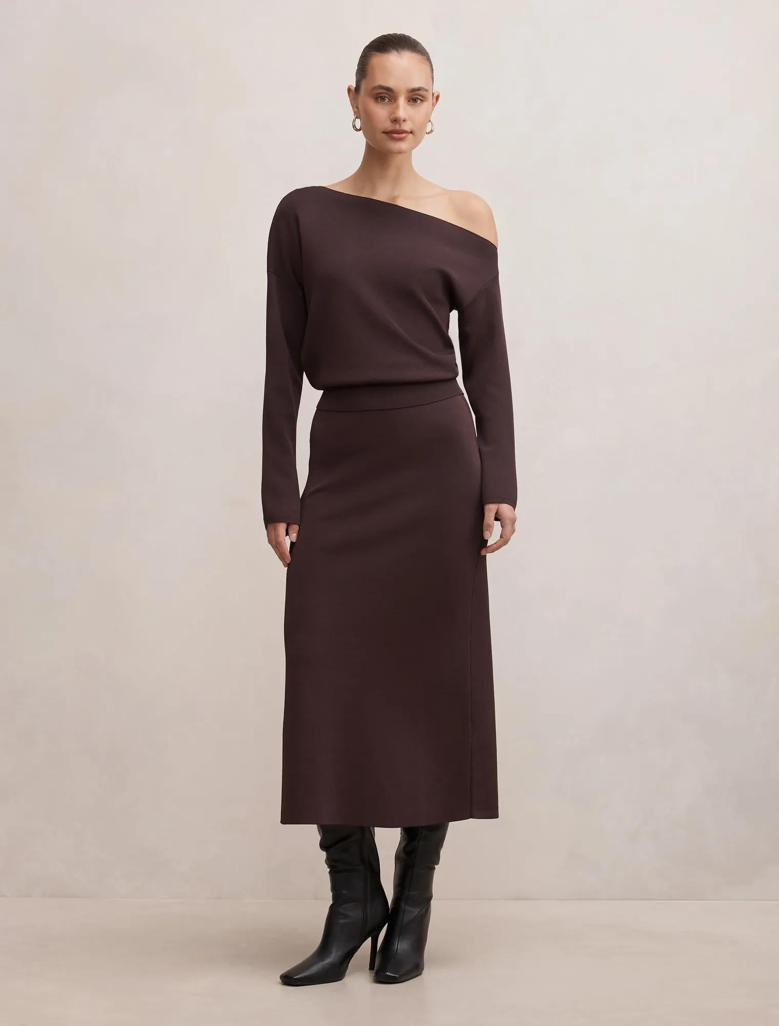 Ayva Asym Knit Top Chocolate Co-ord