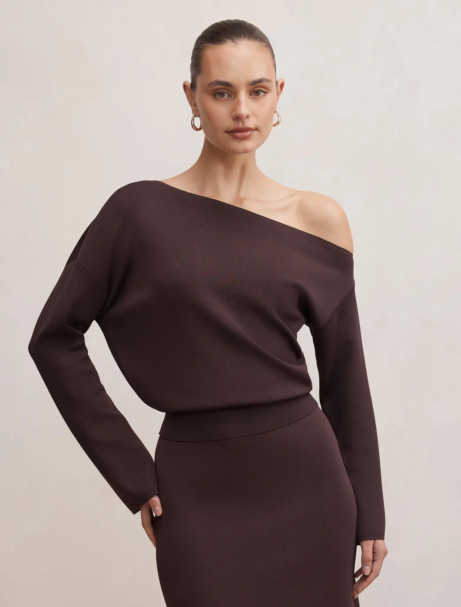 Ayva Asym Knit Top Chocolate Co-ord