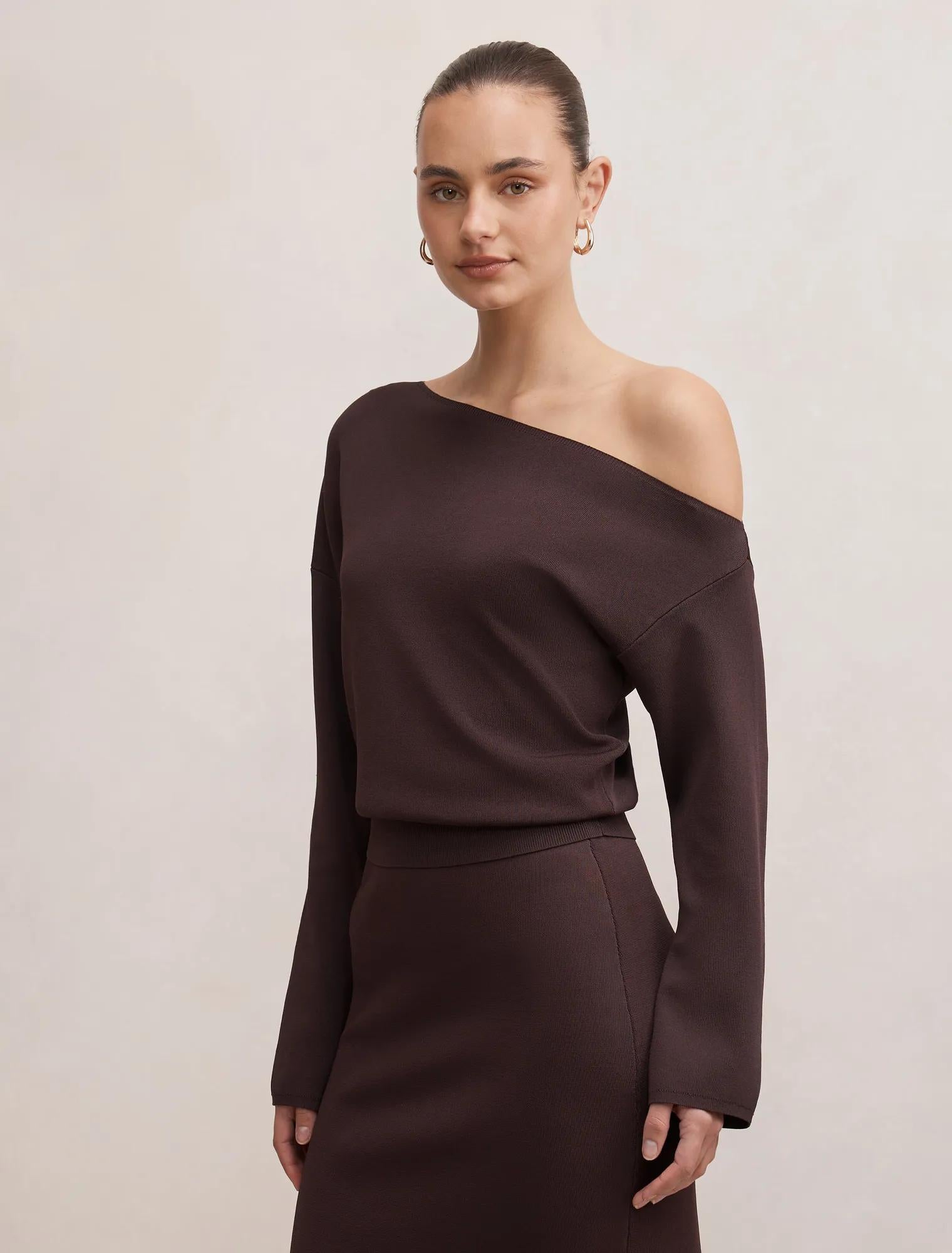 Ayva Asym Knit Top Chocolate Co-ord