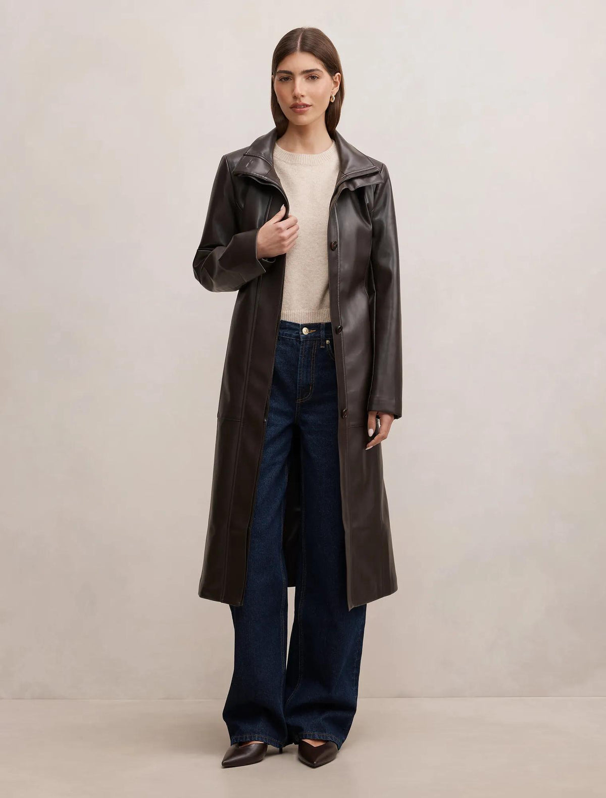 Bonnie PU Funnel Trench Coat Chocolate