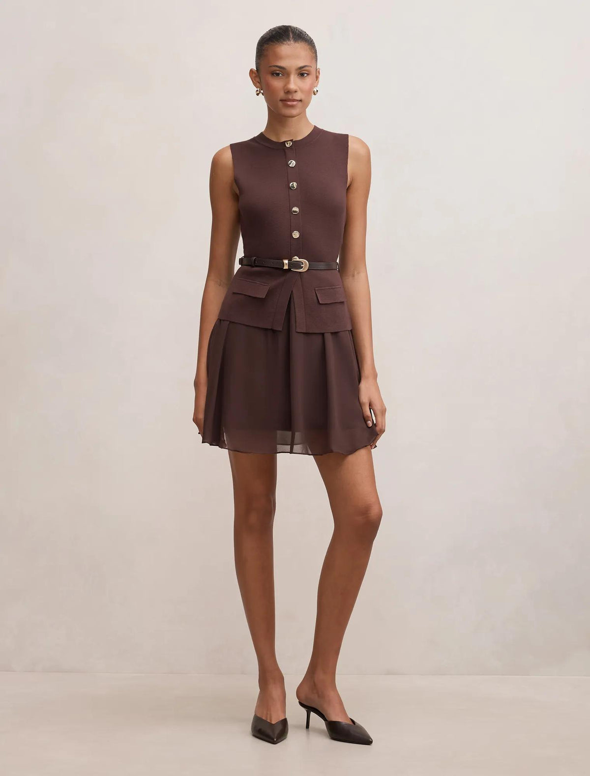Belle Woven Mix Mini dress Chocolate