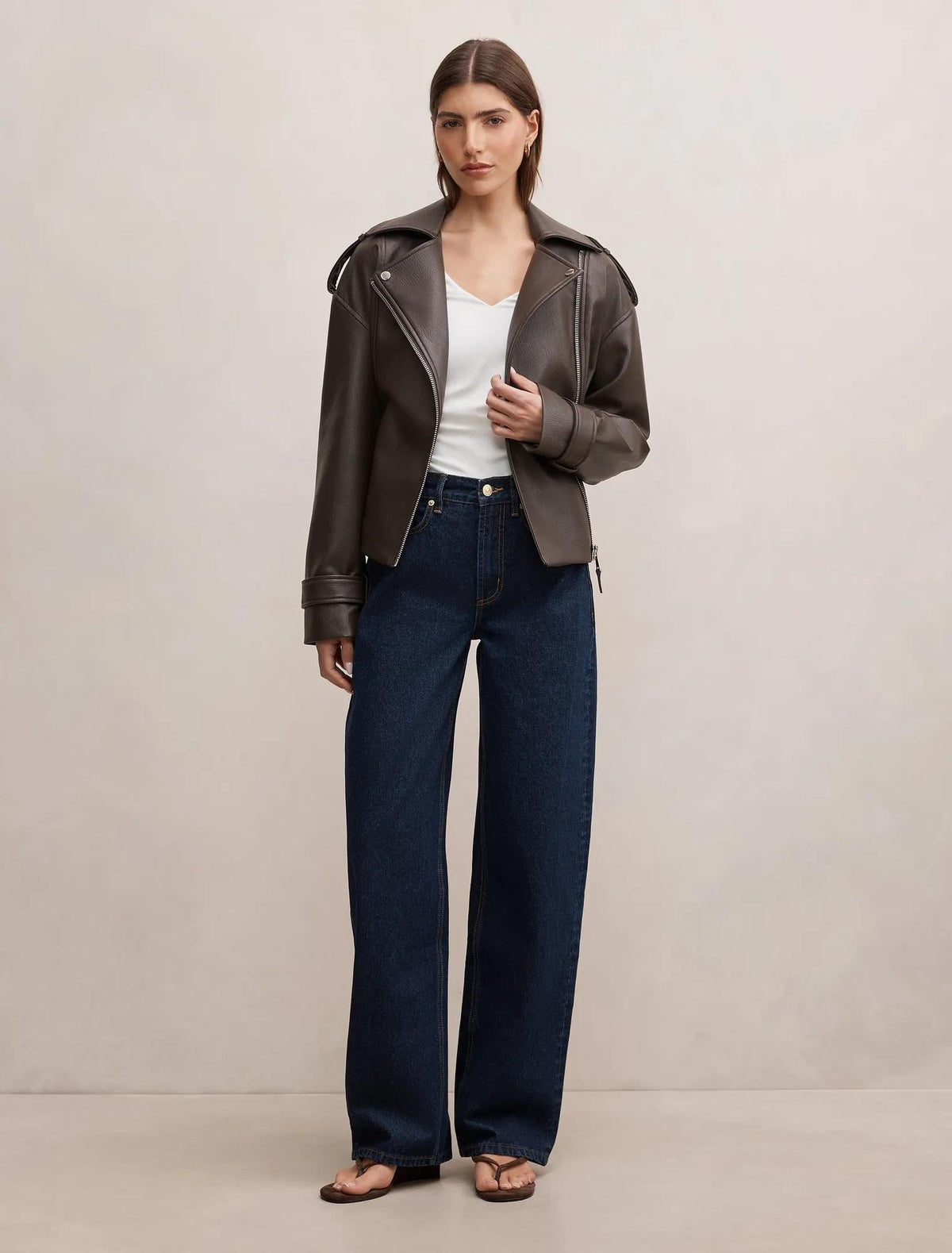 Brooklyn PU Belted Biker Jacket Chocolate