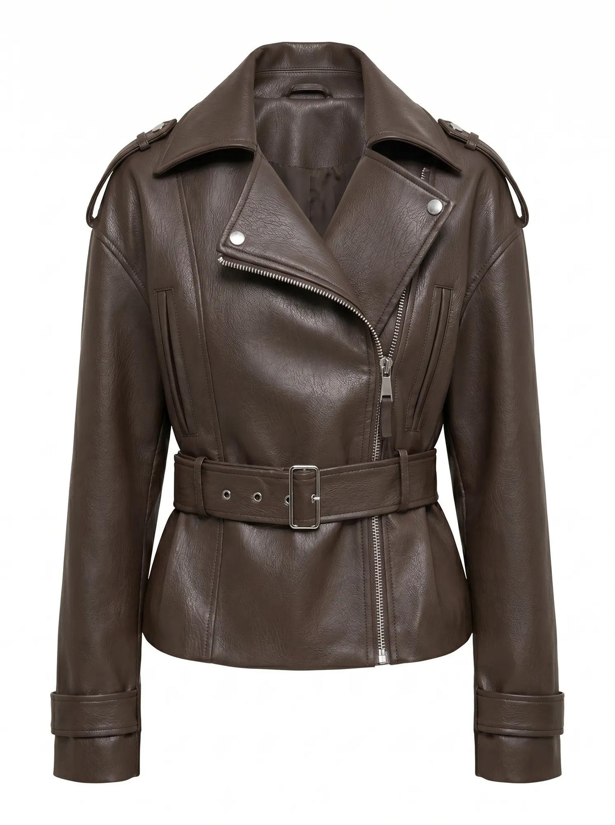 Brooklyn PU Belted Biker Jacket Chocolate_mannequin