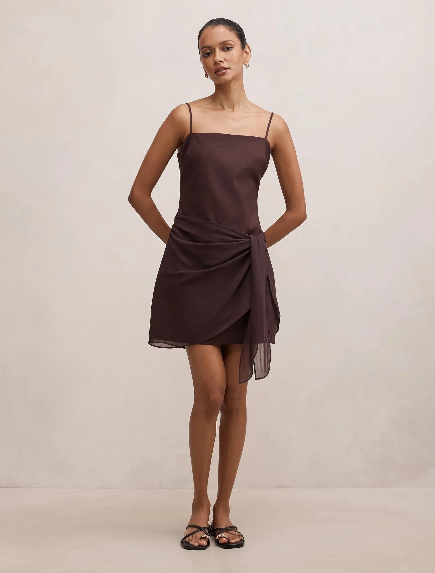 Sienna Petite Linen Sarong Mini Dress Chocolate