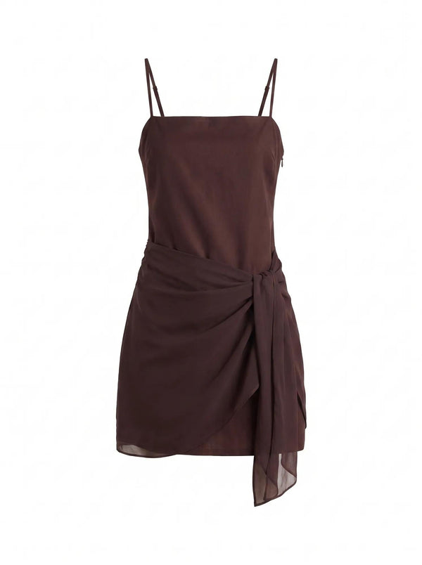 Sienna Petite Linen Sarong Mini Dress Chocolate mannequin 