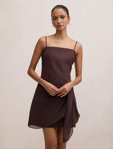 Sienna Petite Linen Sarong Mini Dress Chocolate