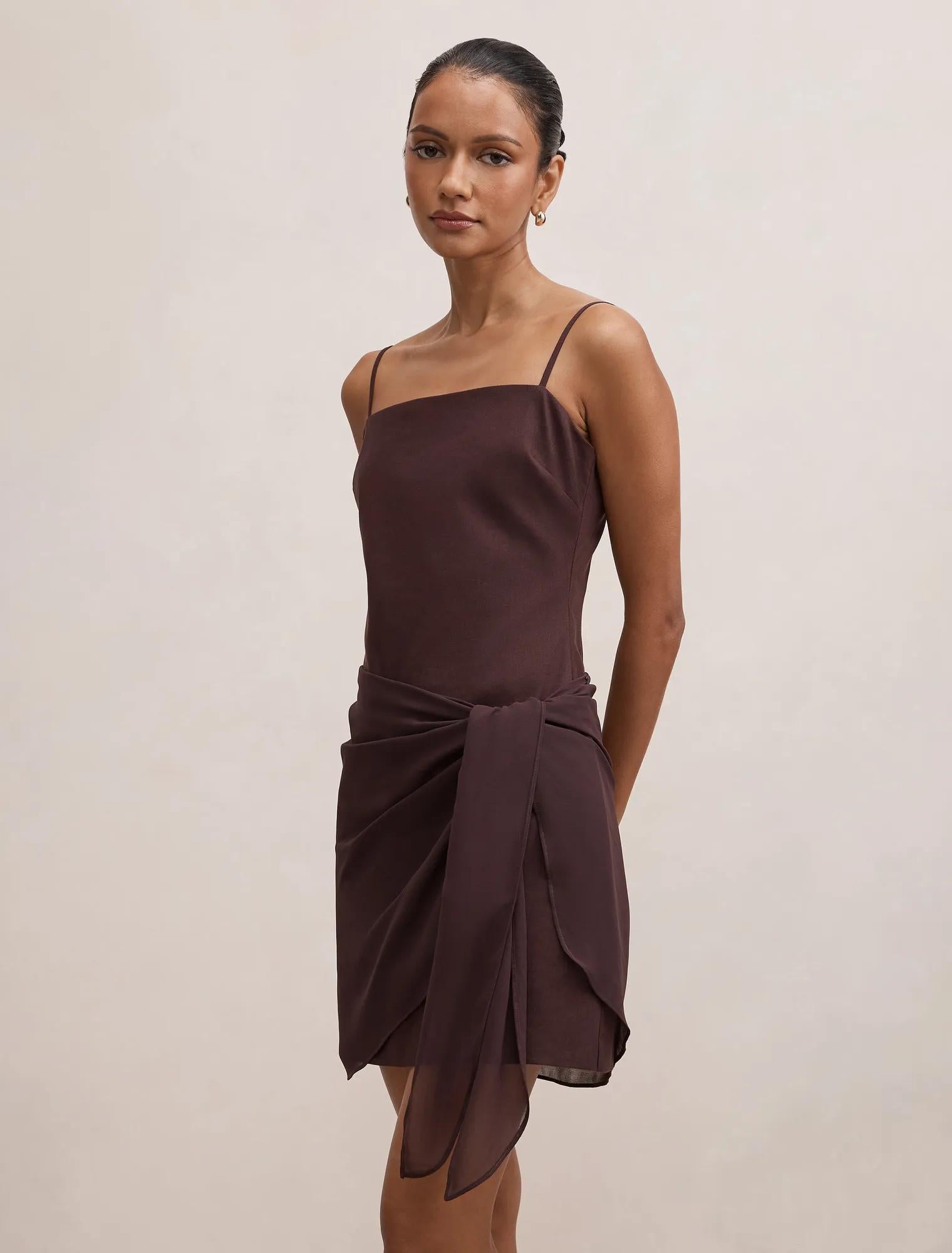 Sienna Petite Linen Sarong Mini Dress Chocolate