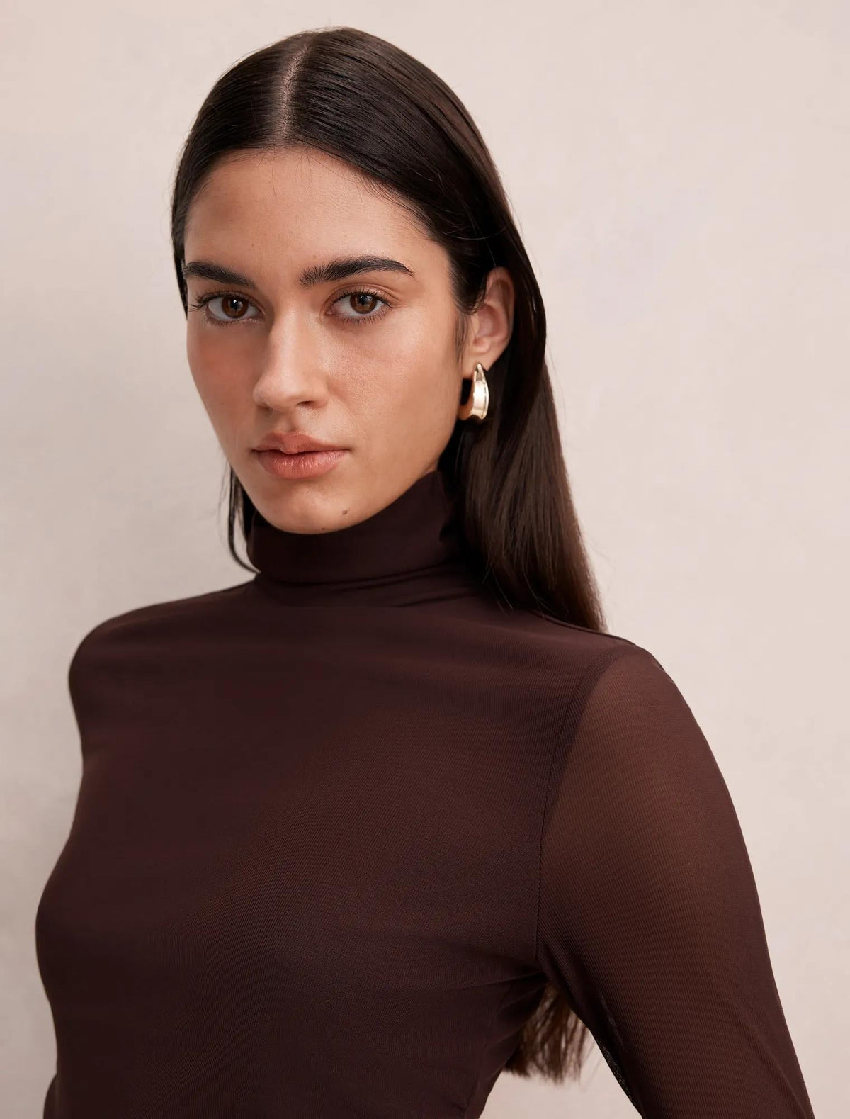 Halston Roll Neck Long Sleeve Top Chocolate Freckle