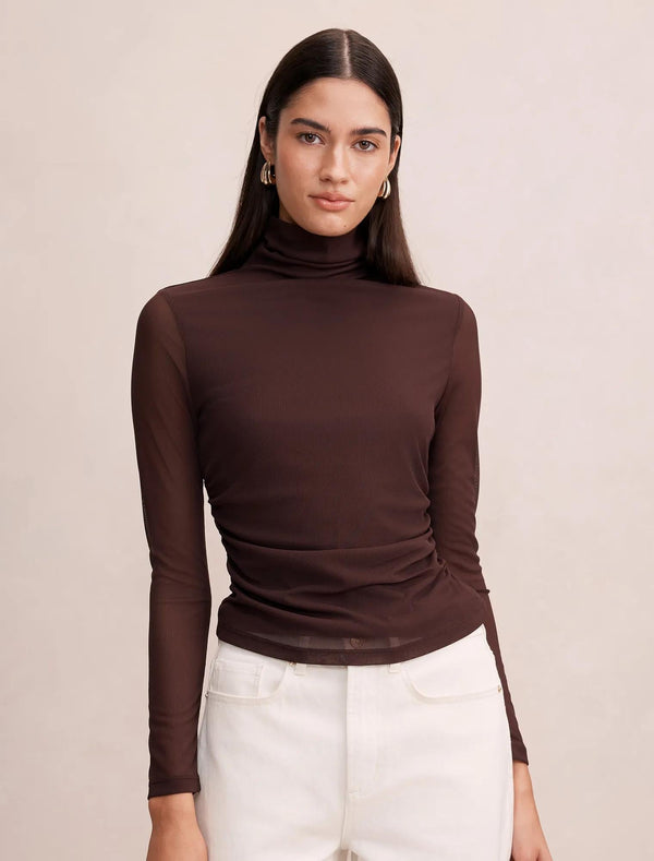 Halston Roll Neck Long Sleeve Top Chocolate Freckle