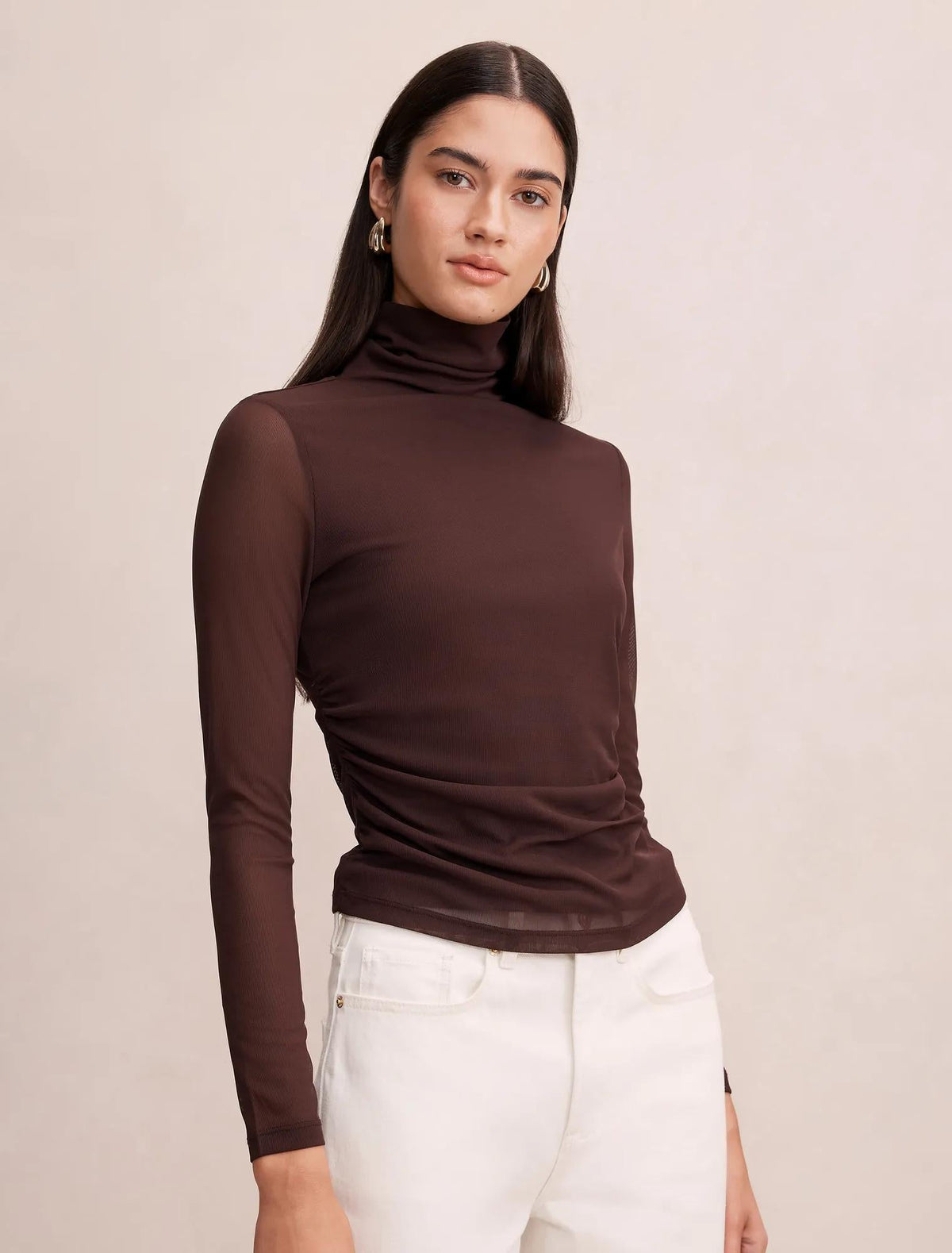 Halston Roll Neck Long Sleeve Top Chocolate Freckle