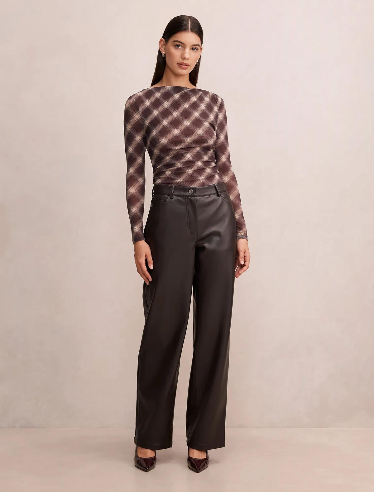 Cara Faux Leather Barrel Leg Pants Chocolate