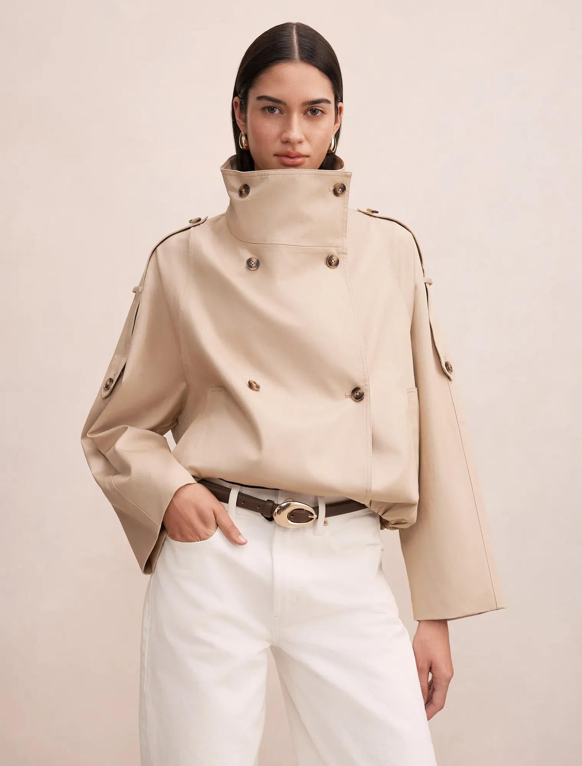 Billie Funnel Neck Short Trench Coat Sand