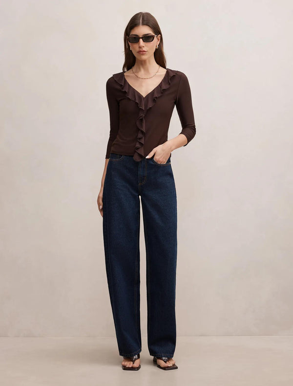 Orla Ruffle 3/4 Sleeve Top Chocolate