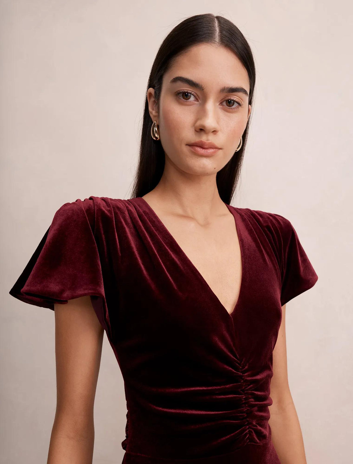 Elma Velvet Ruched Maxi Dress Berry Red