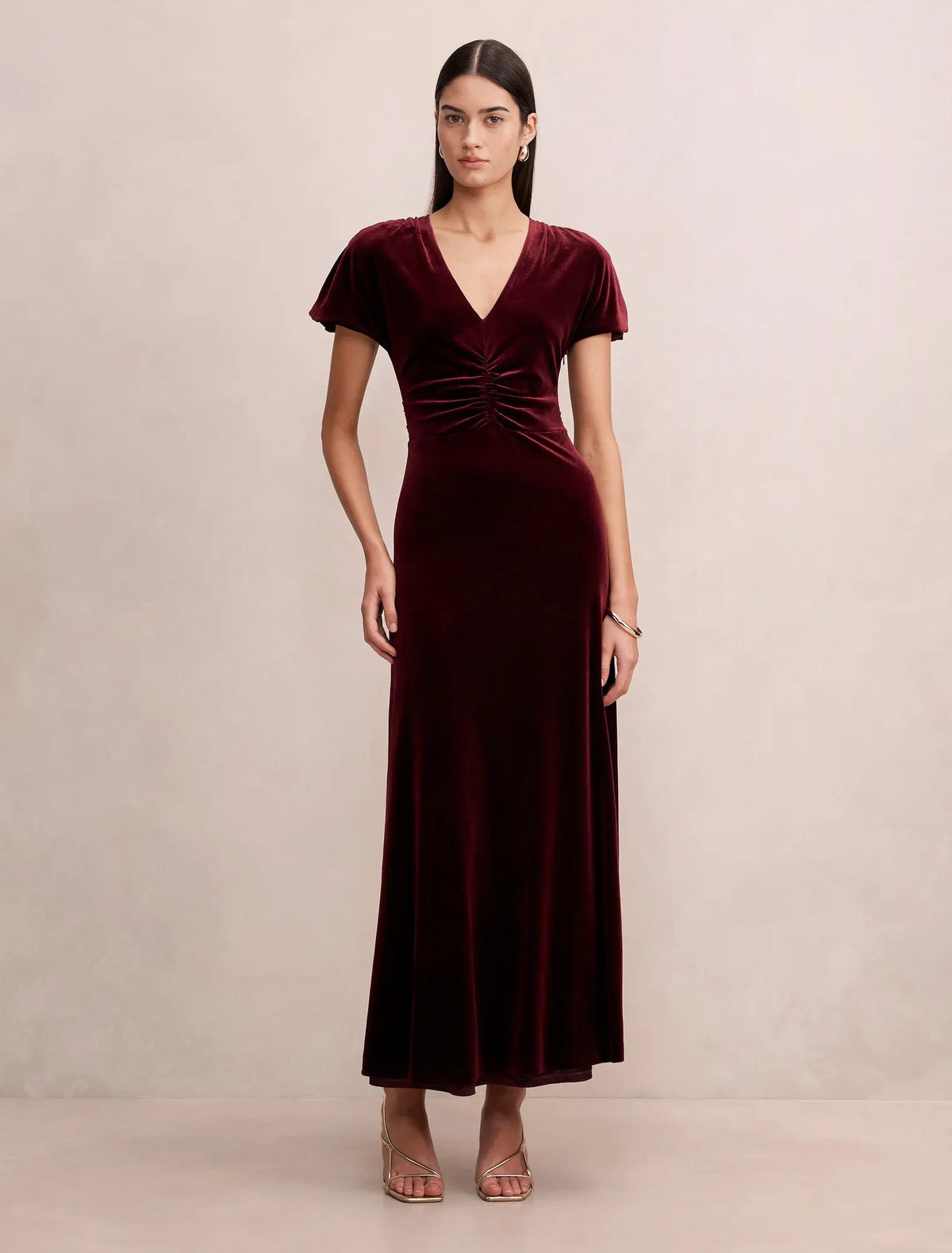 Elma Velvet Ruched Maxi Dress Berry Red