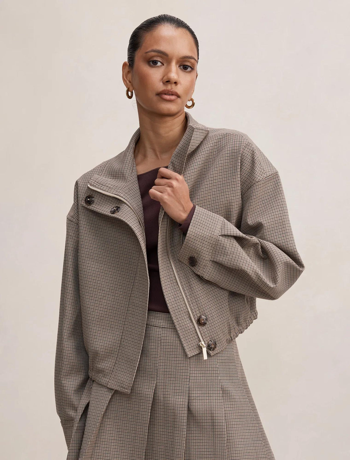 Hazel Petite Funnel Neck Jacket Micro Check Set