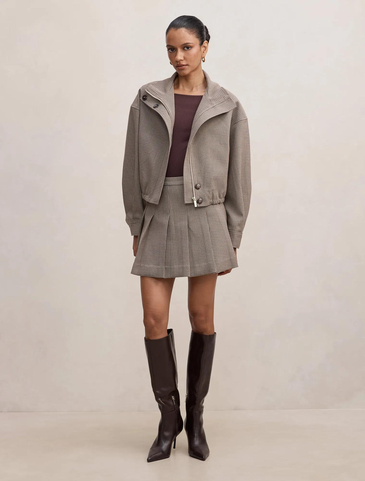 Hazel Petite Funnel Neck Jacket Micro Check Set