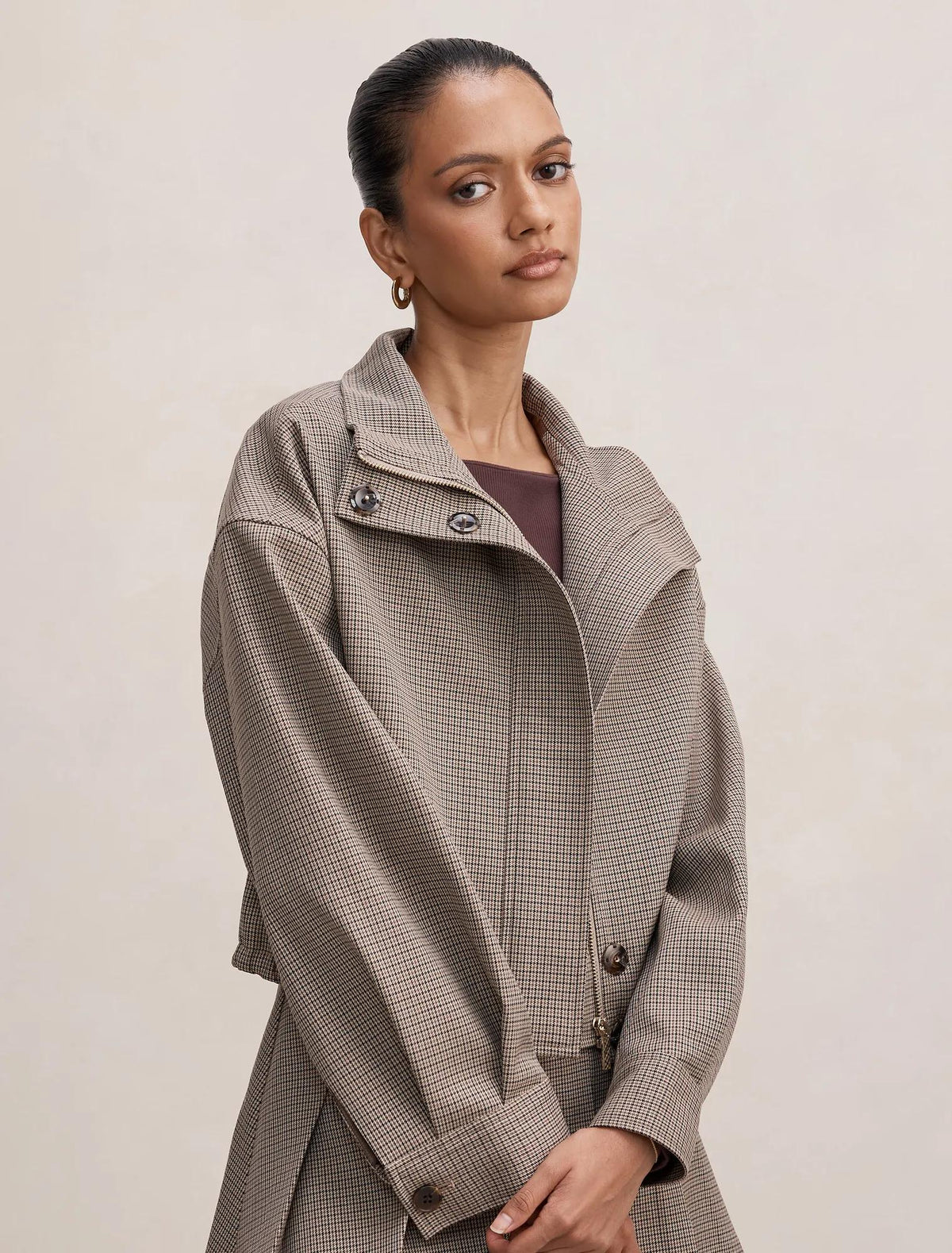 Hazel Petite Funnel Neck Jacket Micro Check Set