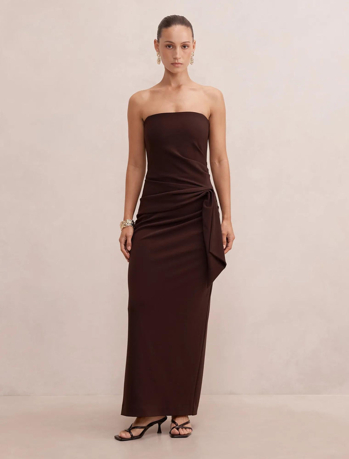 Lilah Petite Strapless Crepe Dress Dark Chocolate