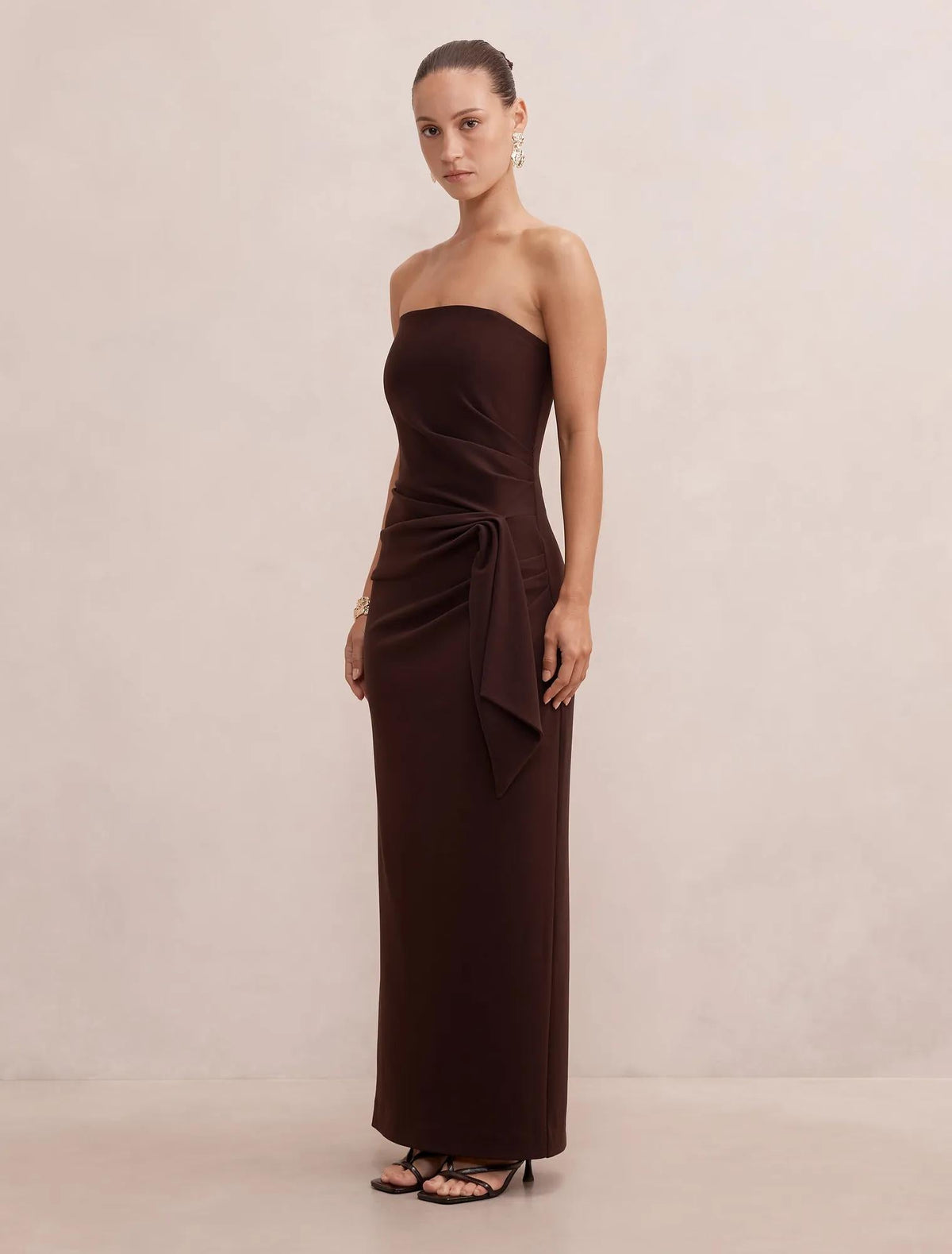 Lilah Petite Strapless Crepe Dress Dark Chocolate