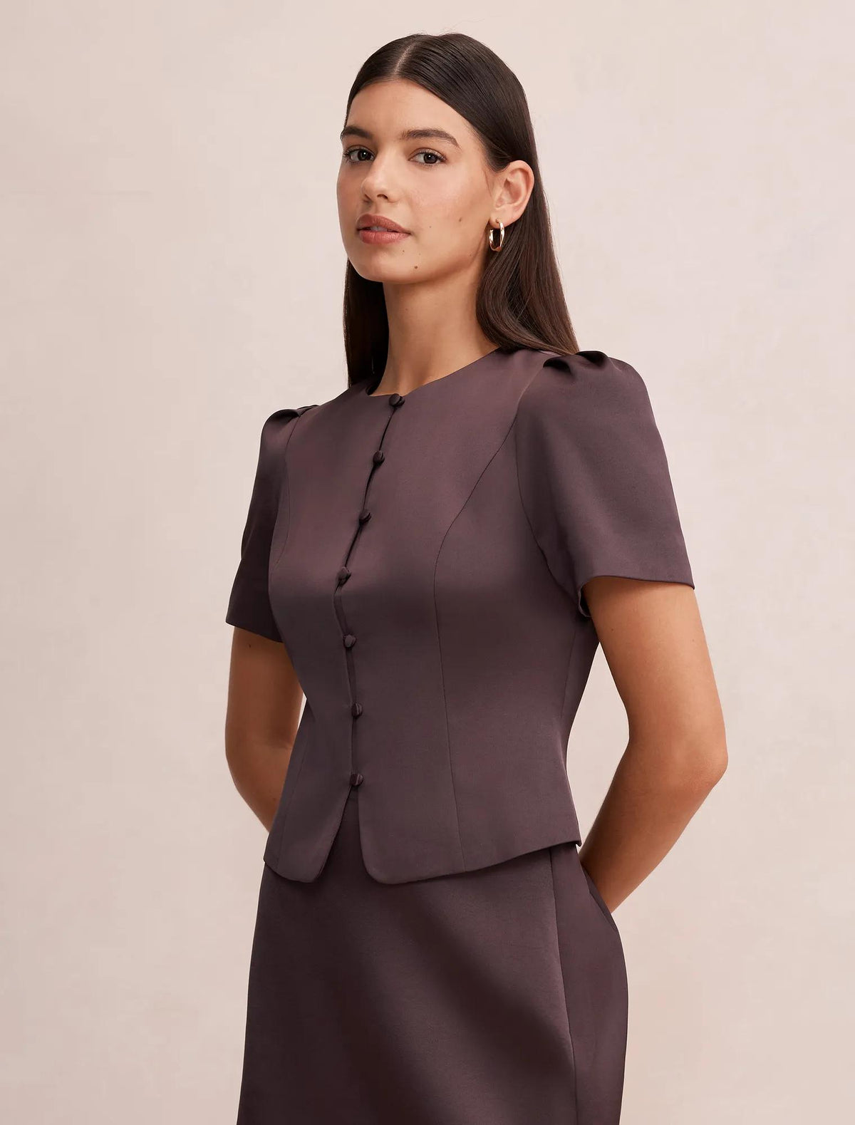 Tarni Structured Satin Blouse Plum Brown Co-ord