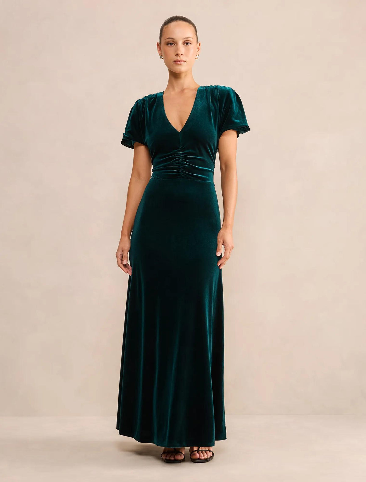 Elma Petite Velvet Ruched Maxi Dark Green