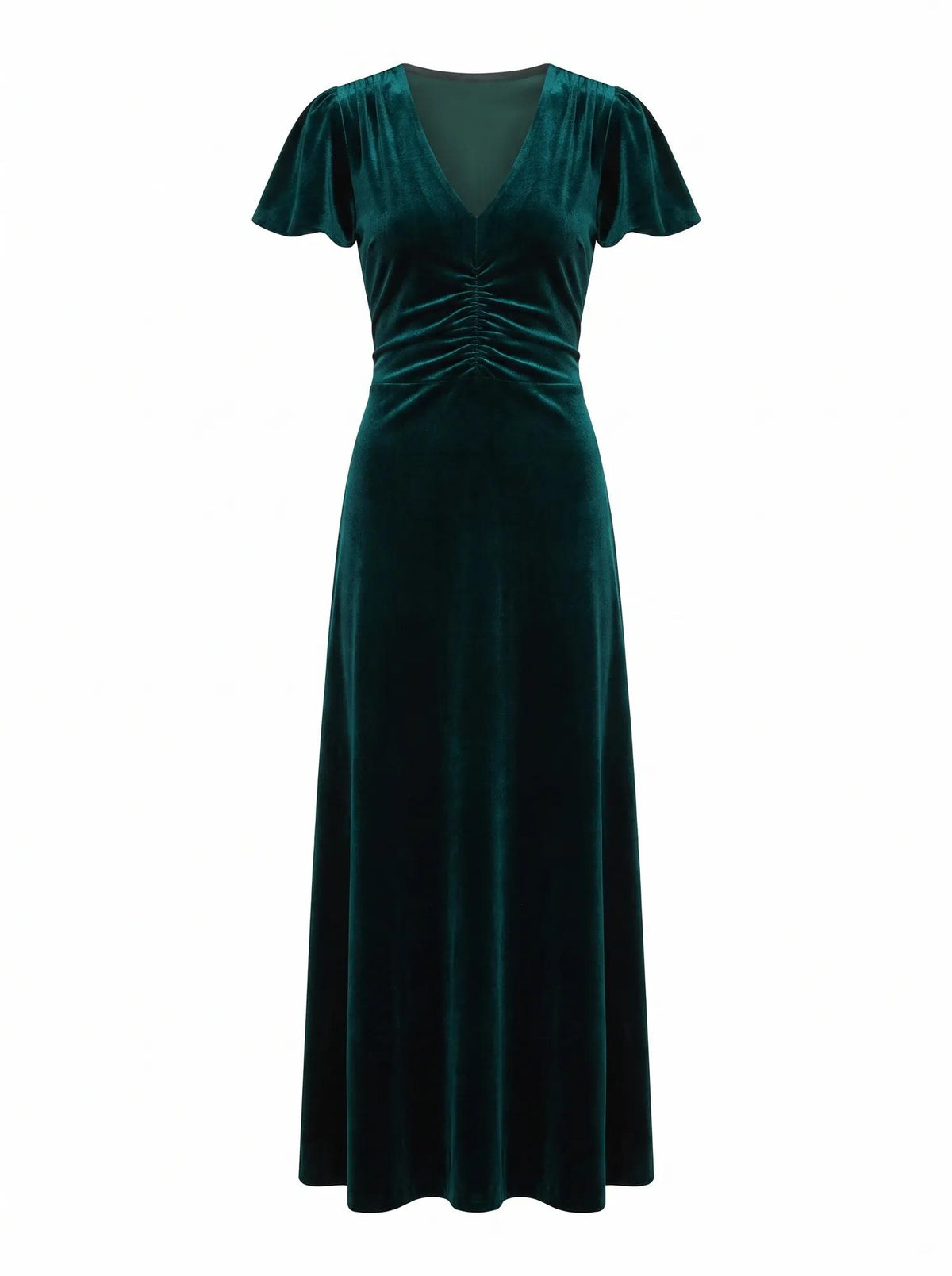Elma Petite Velvet Ruched Maxi Dark Green_mannequin