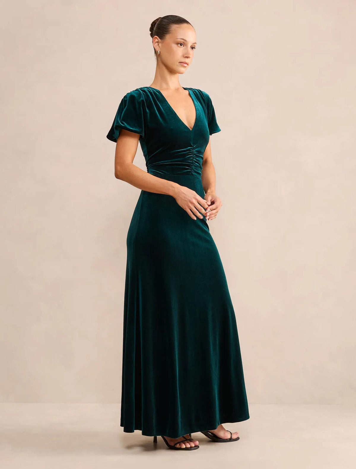Elma Petite Velvet Ruched Maxi Dark Green