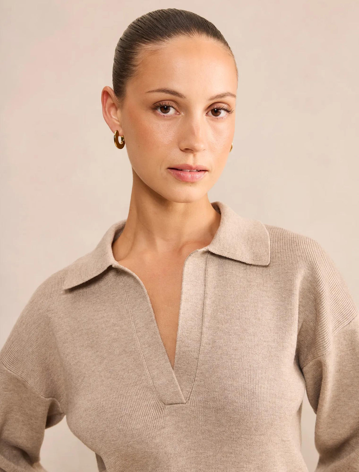 Maddie Petite Cinched Waist Knit Polo Neutral