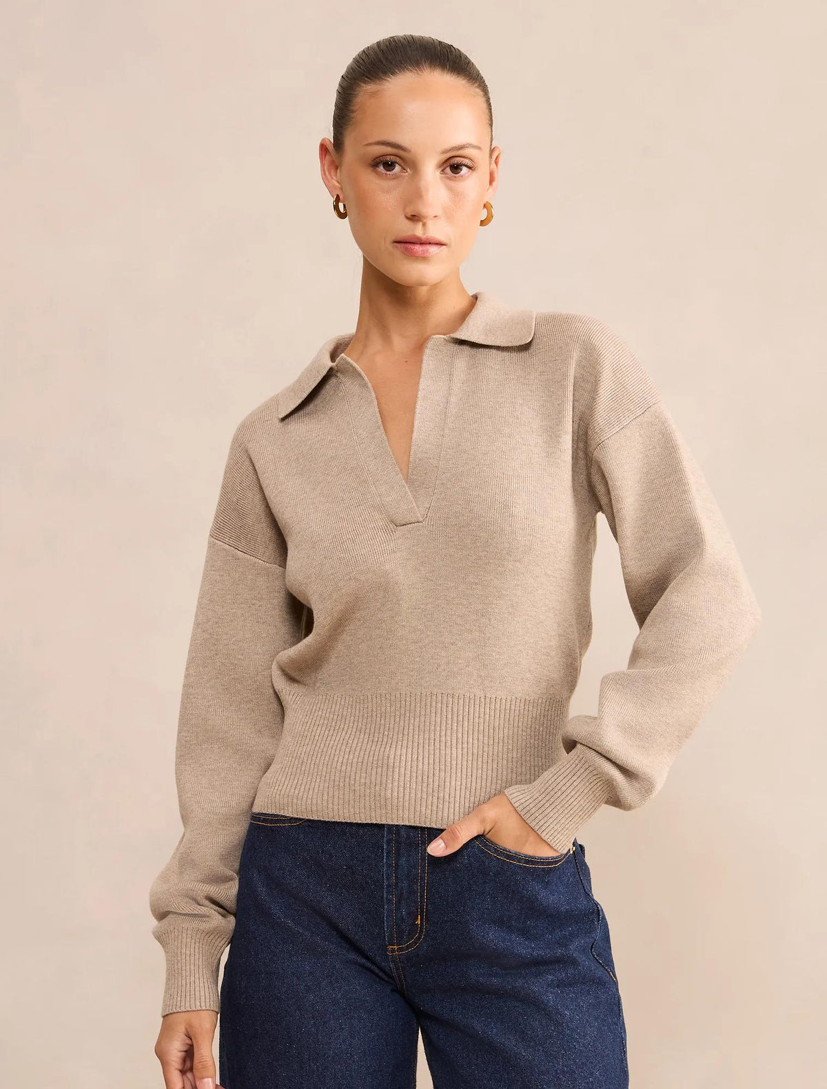 Maddie Petite Cinched Waist Knit Polo Neutral