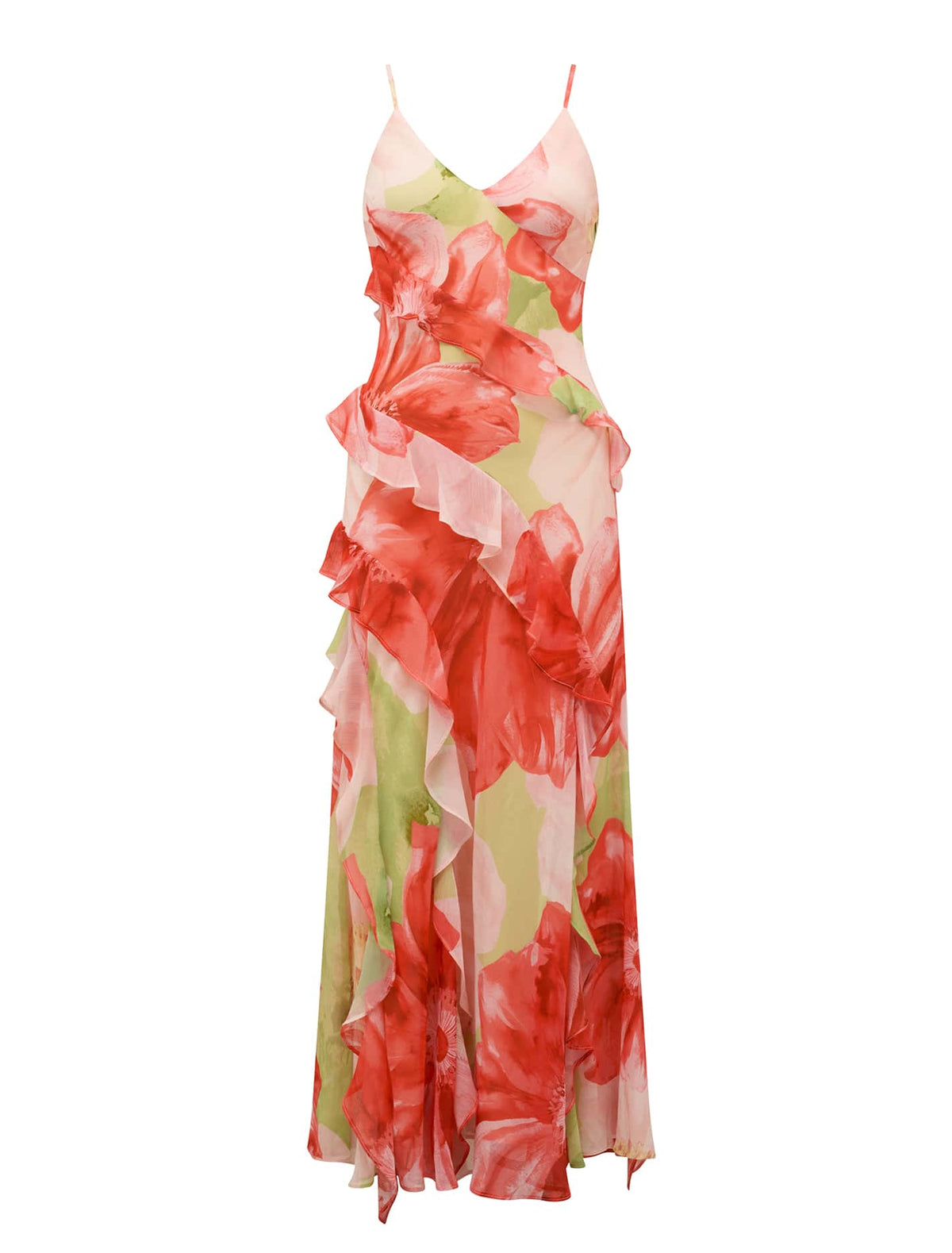 Poppy Ruffle Gown Coral Amara Floral_mannequin