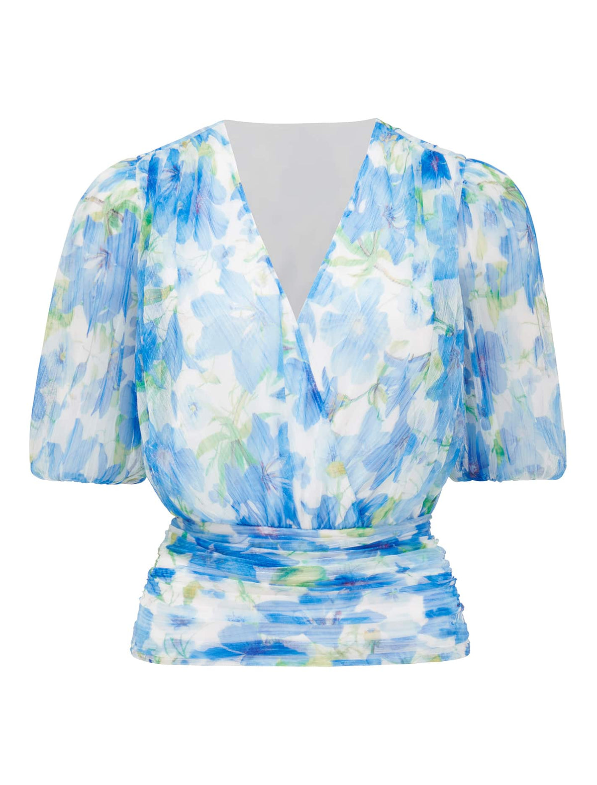 Wendall Wrap-Front Plisse Top Blue Calida Botanical_mannequin