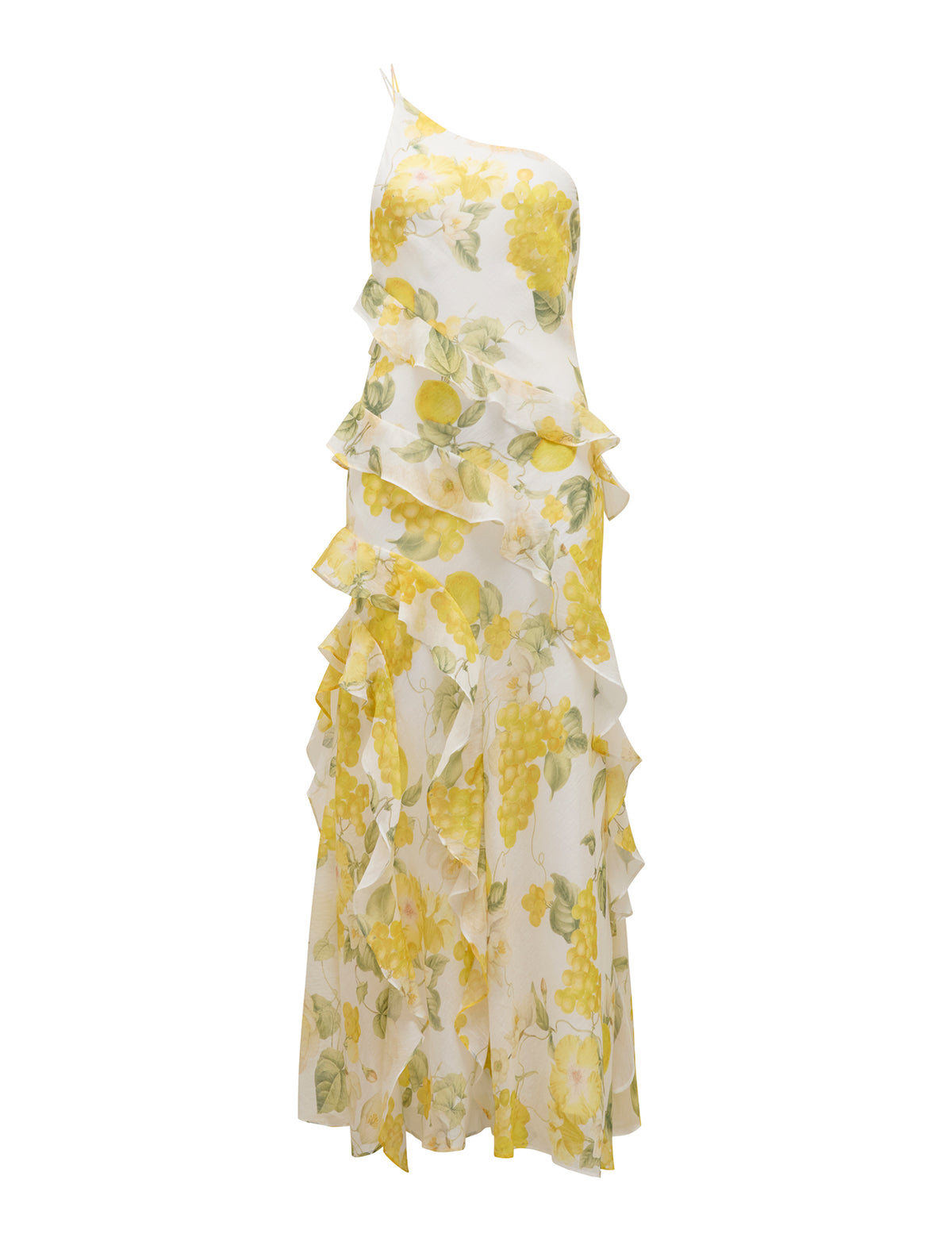 Belle One Shoulder Ruffle Gown Limone Floral_mannequin