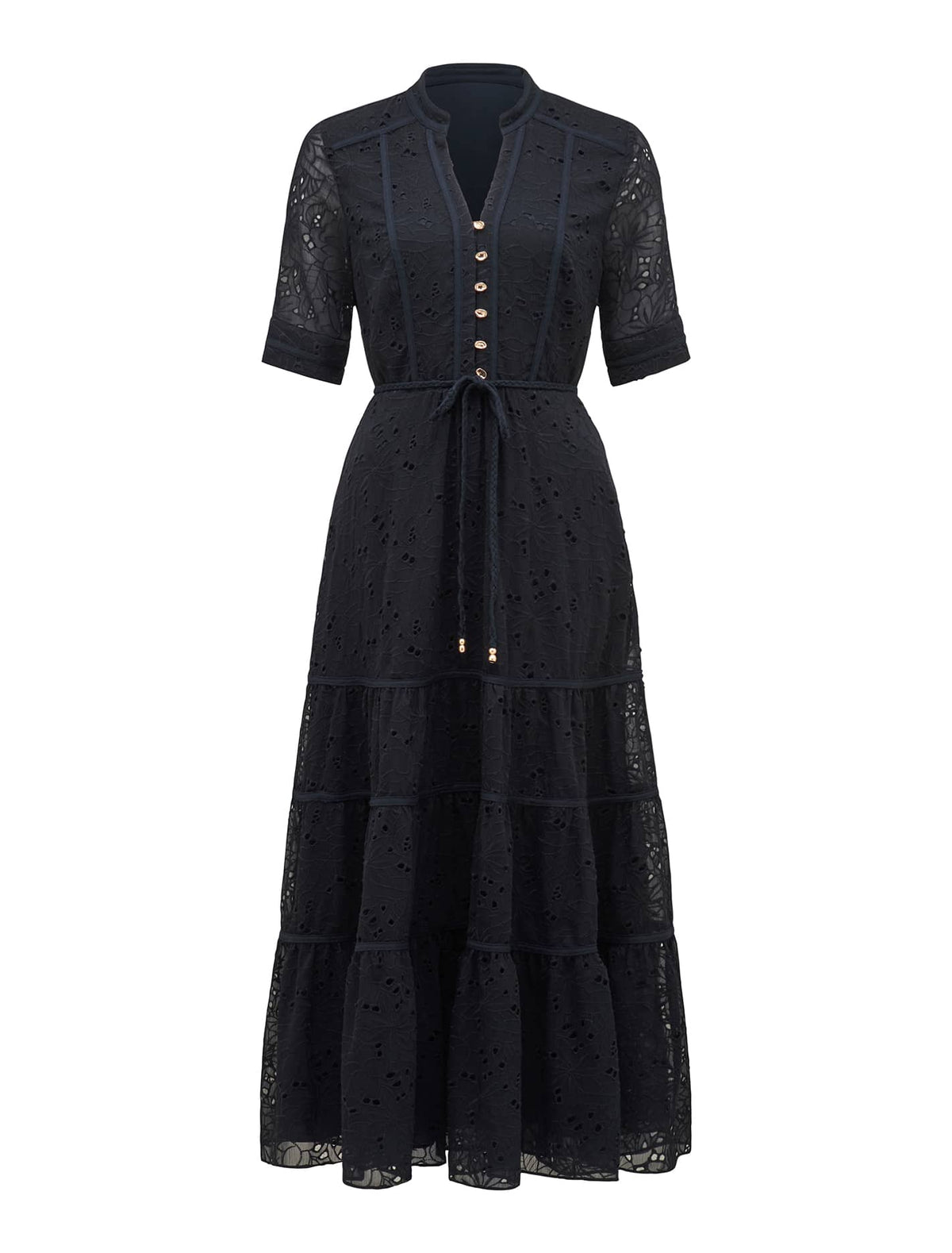 Rachel Embroidered Short-Sleeve Midi Dress Navy_mannequin