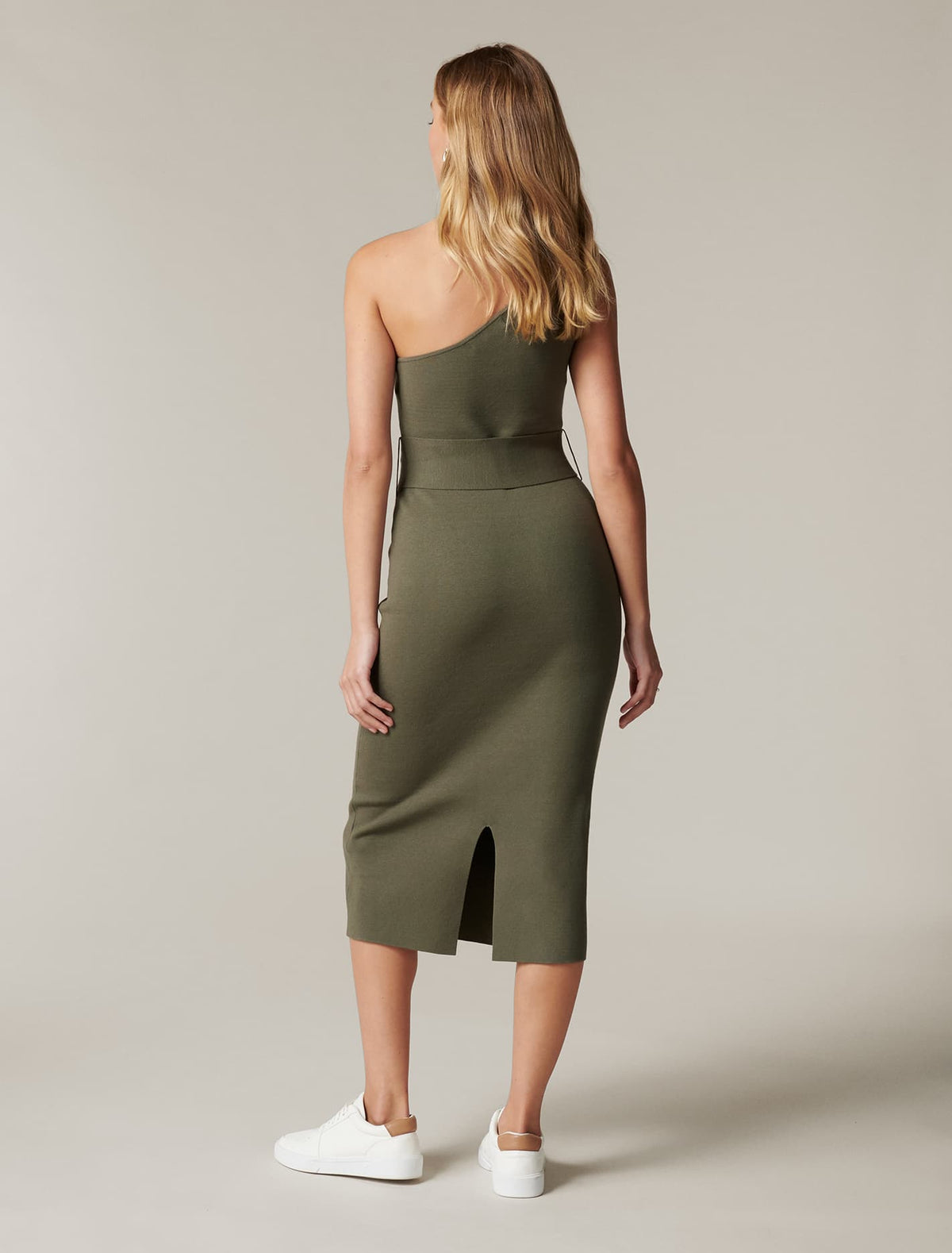 Lauren One Shoulder Midi Knit Dress Khaki