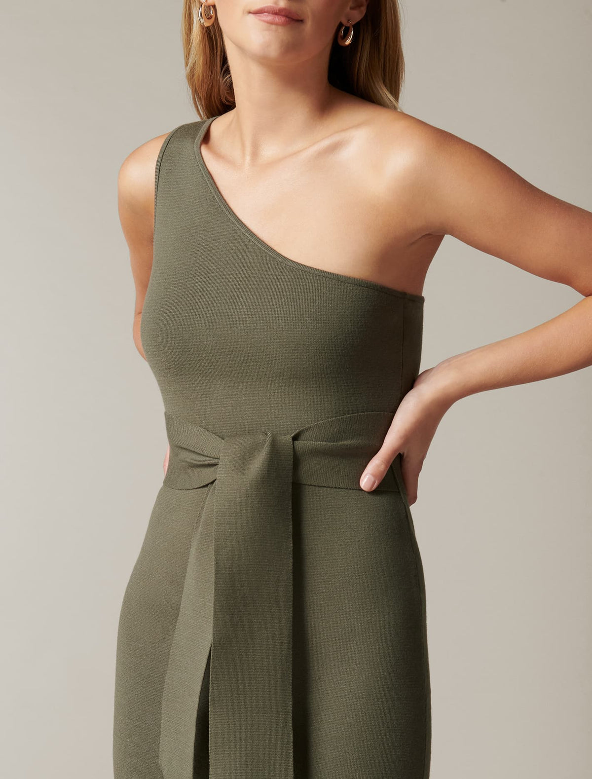 Lauren One Shoulder Midi Knit Dress Khaki