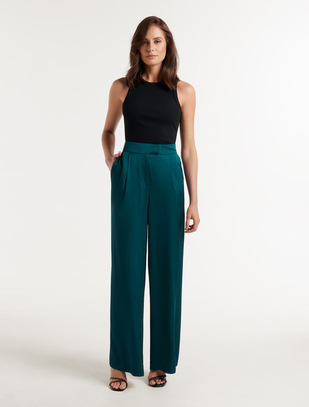 Alora Satin Wide-Leg Pants Reflective Teal Suit