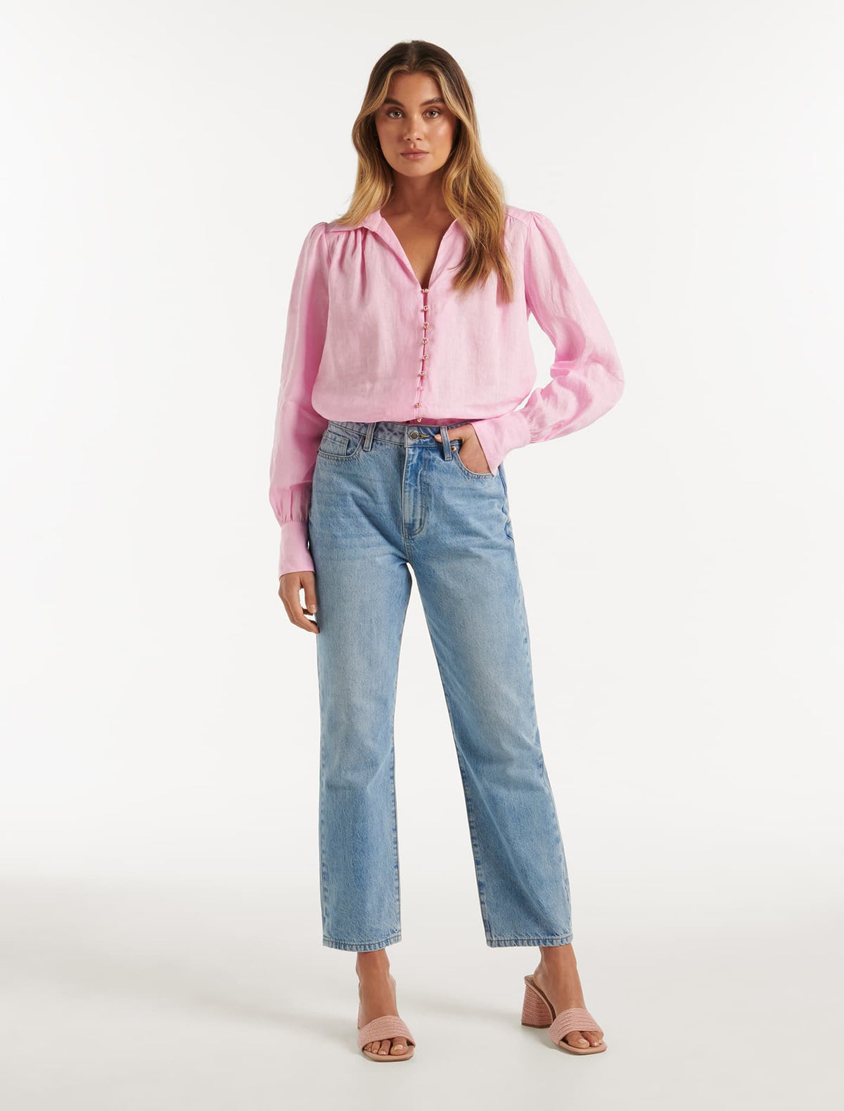 Ren Linen Button Through Blouse Bubblegum Pink