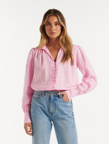 Ren Linen Button Through Blouse Bubblegum Pink