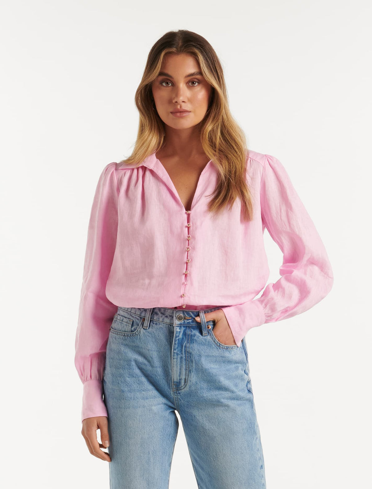 Ren Linen Button Through Blouse Bubblegum Pink