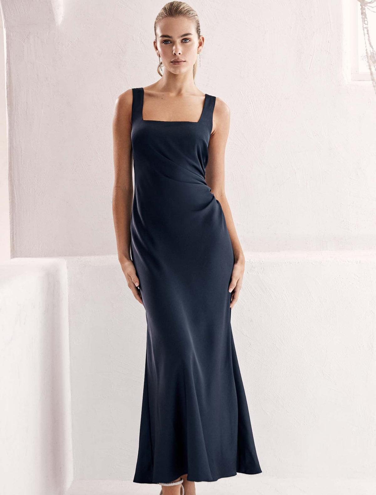 Winnie Square Neck Ruched Midi Dress Navy