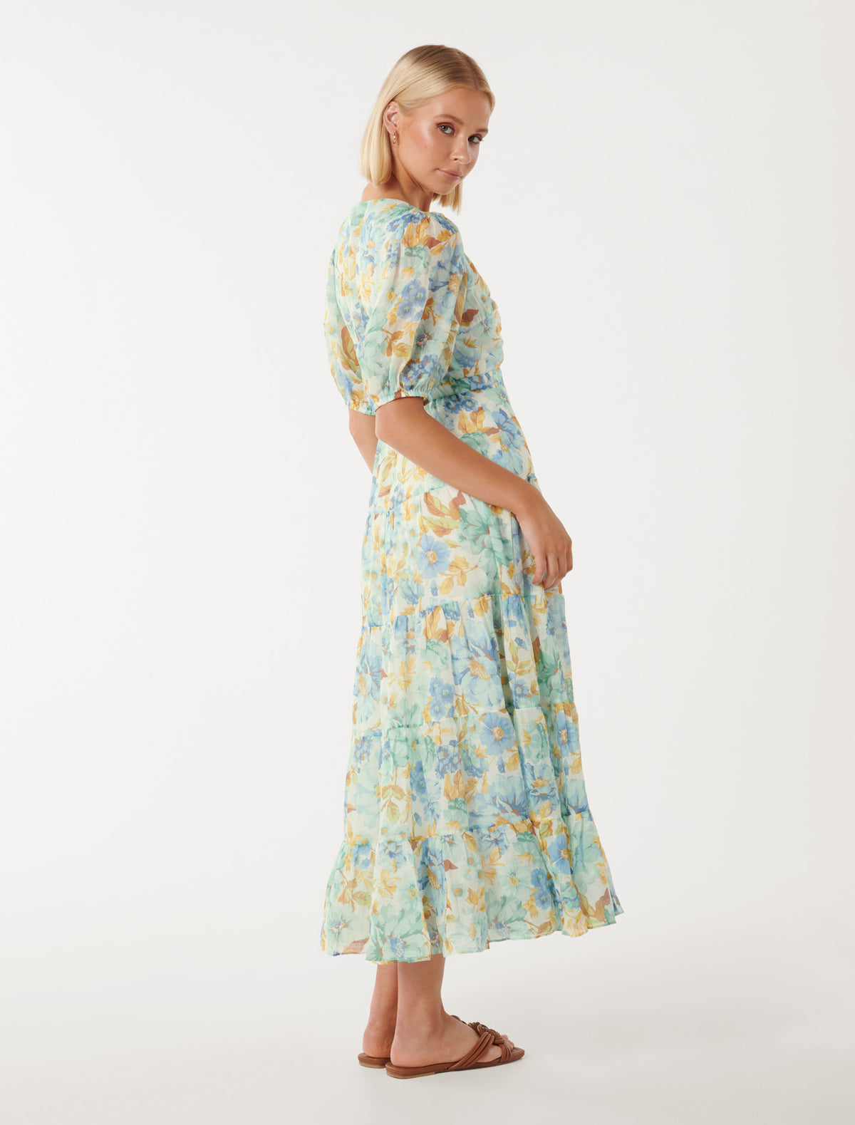 Irina Twist-Front Midi Dress Blue Elmhurst Flora