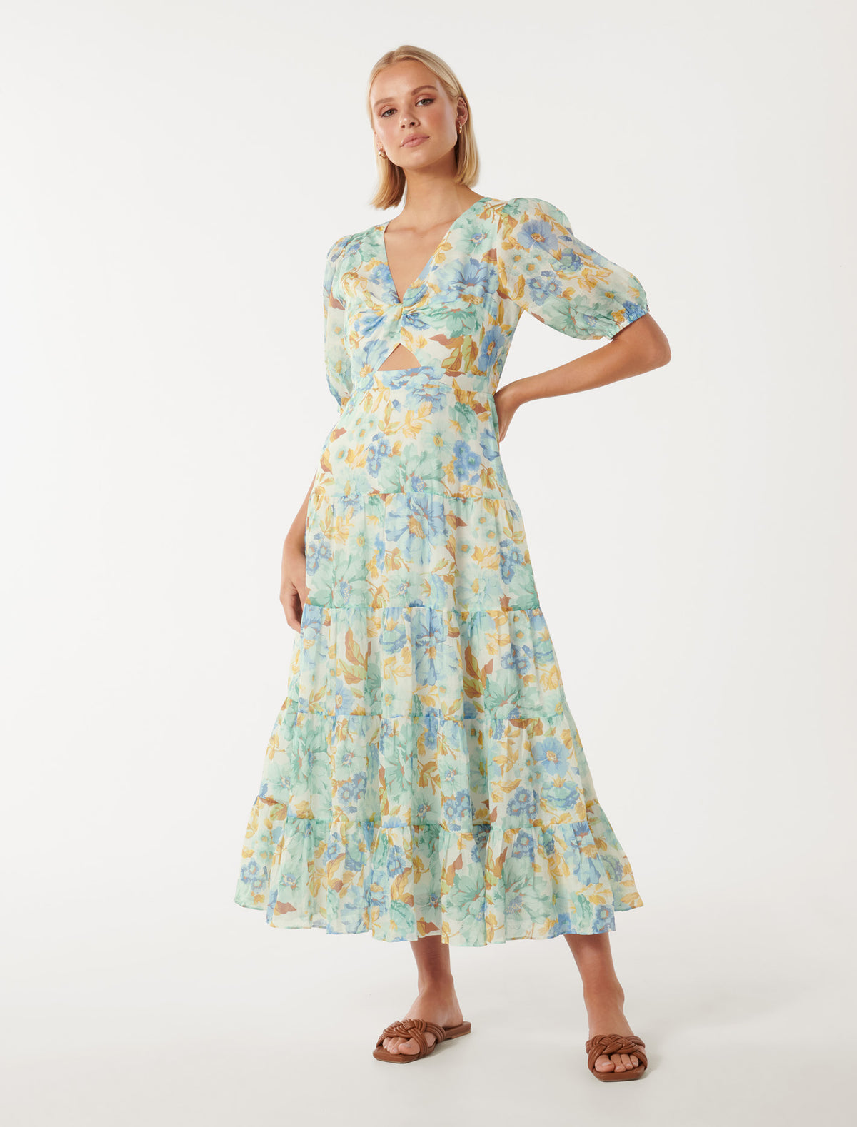 Irina Twist-Front Midi Dress Blue Elmhurst Flora