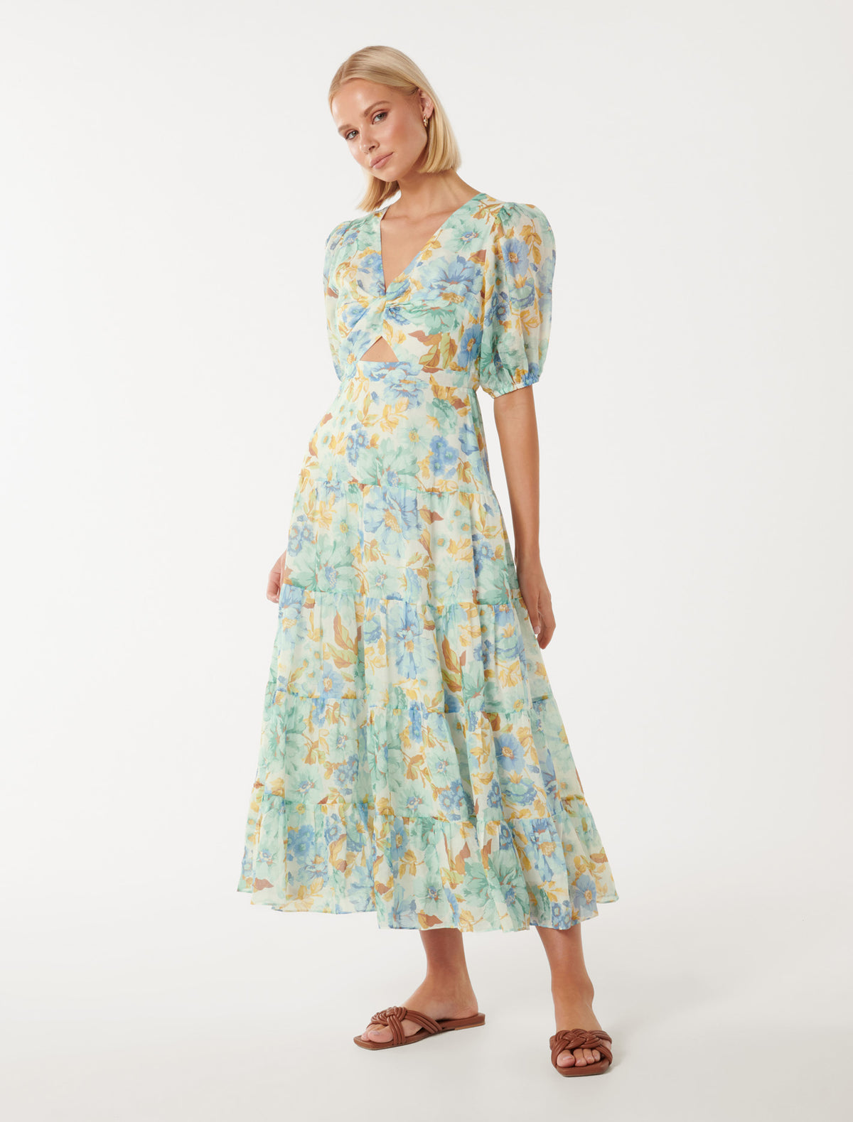 Irina Twist-Front Midi Dress Blue Elmhurst Flora