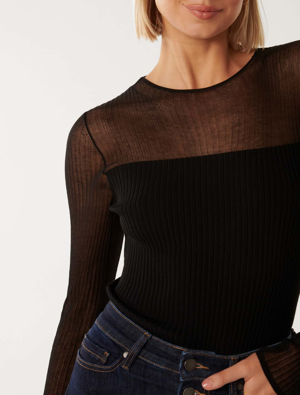 Brooke Sheer Mix-Knit Top Black